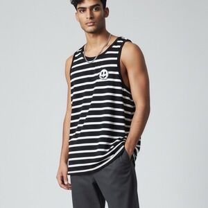 PacSun Mens Black White Striped Melting Smiley Face Patch Tank Top Small
